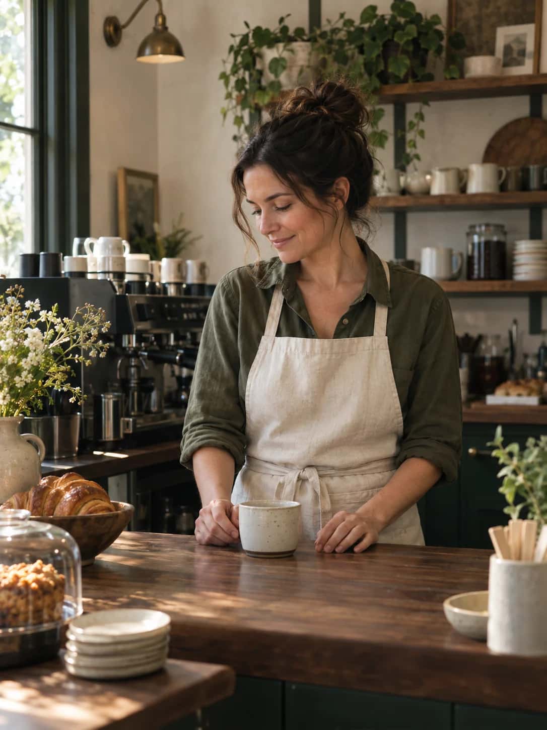 A café owner enjoying a quiet moment behind the counter of her neighborhood café